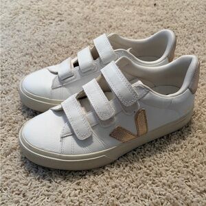 White Veja Velcro Sneakers with Gold Accent